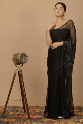 Black Chiffon Hand Embroidered Mukaish Saree 9