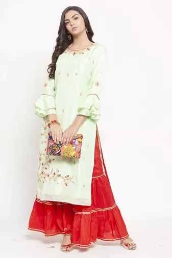   Women Green & Red Self Design Straight Kurta with Palazzos Long Sleeves