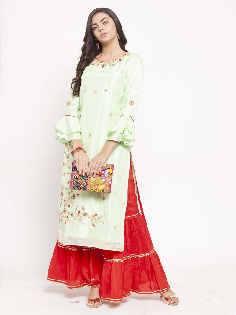 Geroo Jaipur Women Green & Red Self Design Straight Kurta with Palazzos Long Sleeves