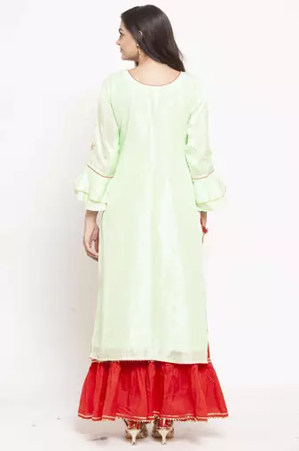   Women Green & Red Self Design Straight Kurta with Palazzos Long Sleeves