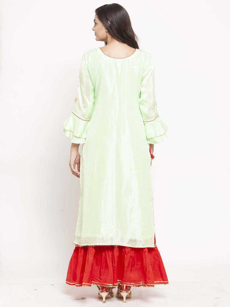 Geroo Jaipur Women Green & Red Self Design Straight Kurta with Palazzos Long Sleeves