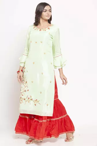   Women Green & Red Self Design Straight Kurta with Palazzos Long Sleeves