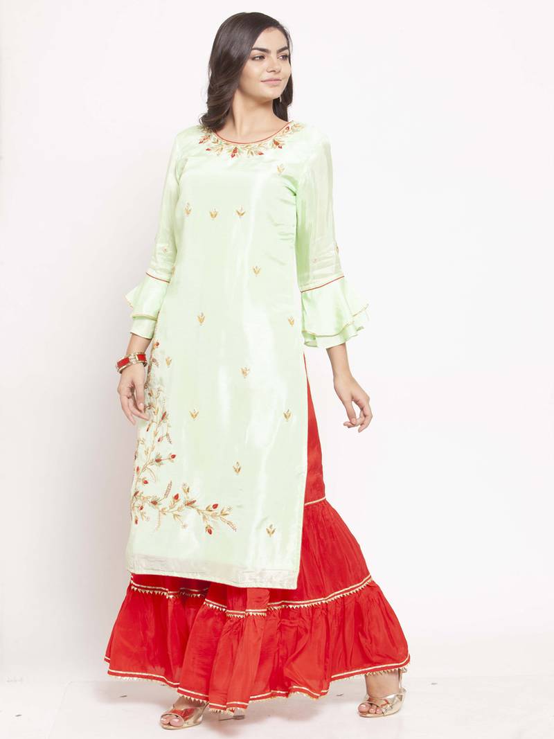 Geroo Jaipur Women Green & Red Self Design Straight Kurta with Palazzos Long Sleeves