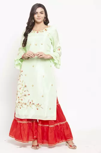   Women Green & Red Self Design Straight Kurta with Palazzos Long Sleeves