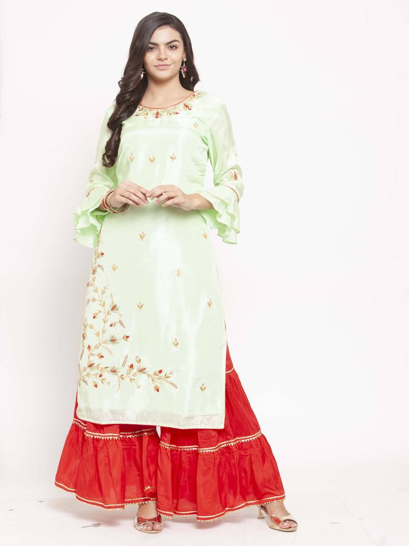 Geroo Jaipur Women Green & Red Self Design Straight Kurta with Palazzos Long Sleeves