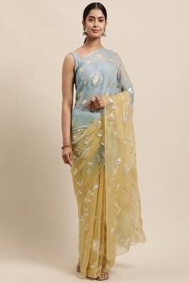  Yellow Grey Shaded Handcrafted Gota Patti Chiffon Saree 1