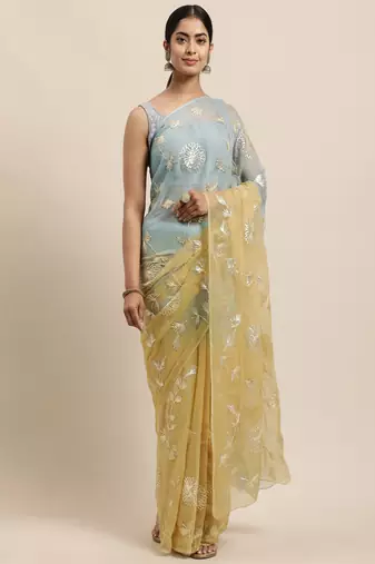 Geroo Jaipur Yellow Grey Shaded Handcrafted Gota Patti Chiffon Saree