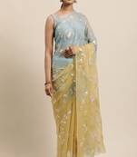 Geroo Jaipur Yellow Grey Shaded Handcrafted Gota Patti Chiffon Saree