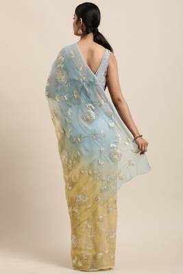   Yellow Grey Shaded Handcrafted Gota Patti Chiffon Saree 2