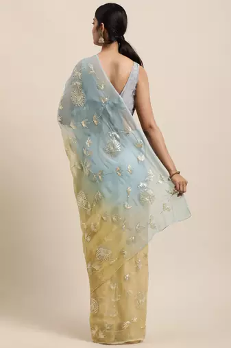   Yellow Grey Shaded Handcrafted Gota Patti Chiffon Saree