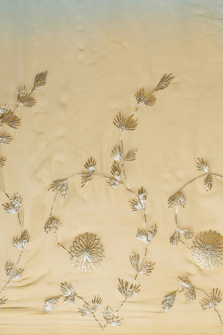 Geroo Jaipur Yellow Grey Shaded Handcrafted Gota Patti Chiffon Saree