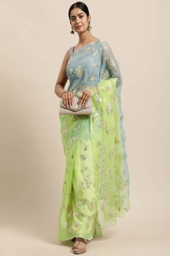 Geroo Jaipur Green-Grey Shaded Handcrafted Gota Patti Chiffon Saree