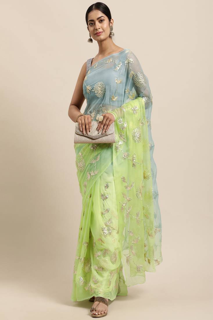 Geroo Jaipur Green-Grey Shaded Handcrafted Gota Patti Chiffon Saree