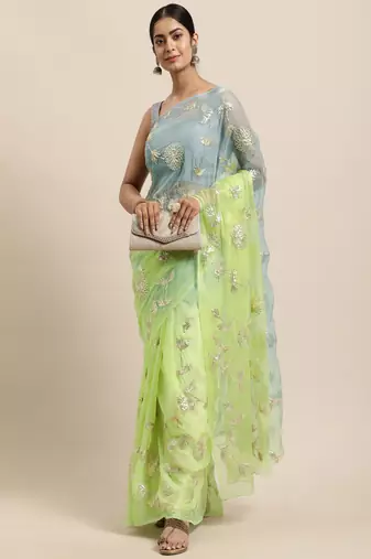 Geroo Jaipur Green-Grey Shaded Handcrafted Gota Patti Chiffon Saree