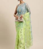 Geroo Jaipur Green-Grey Shaded Handcrafted Gota Patti Chiffon Saree