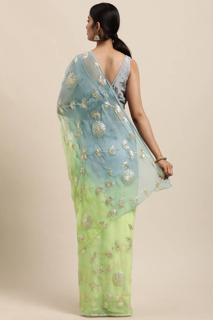 Geroo Jaipur Green-Grey Shaded Handcrafted Gota Patti Chiffon Saree