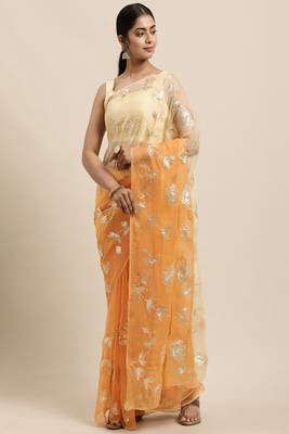   Saree Peach Shaded Handcrafted Gota Patti Chiffon Saree 1
