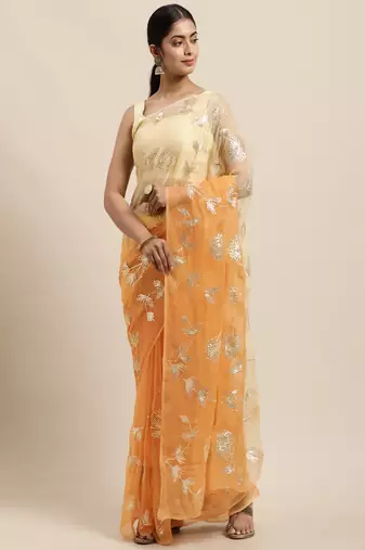 Geroo Jaipur Saree Peach Shaded Handcrafted Gota Patti Chiffon Saree