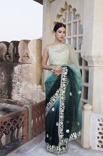 Geroo Jaipur Shaded Handcrafted Gota Patti Organza Saree
