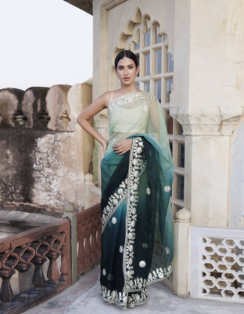 Geroo Jaipur Shaded Handcrafted Gota Patti Organza Saree