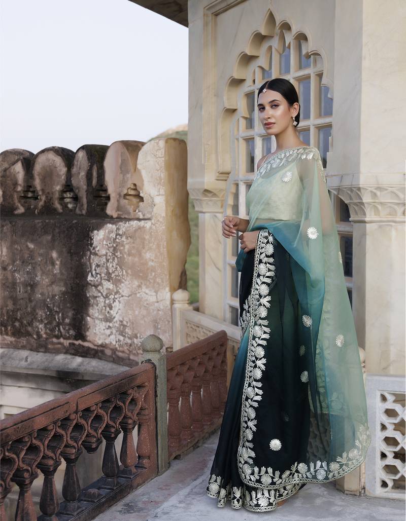 Geroo Jaipur Shaded Handcrafted Gota Patti Organza Saree
