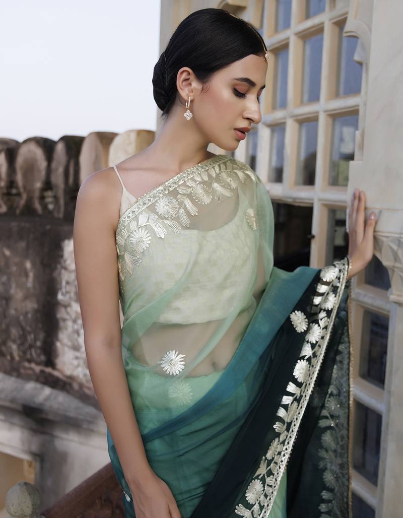Geroo Jaipur Shaded Handcrafted Gota Patti Organza Saree