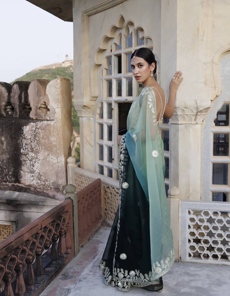 Geroo Jaipur Shaded Handcrafted Gota Patti Organza Saree