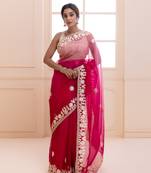 Geroo Jaipur Pink Shaded Handcrafted Gota Patti Organza Saree