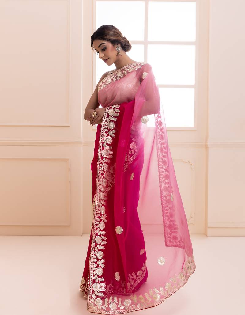 Geroo Jaipur Pink Shaded Handcrafted Gota Patti Organza Saree