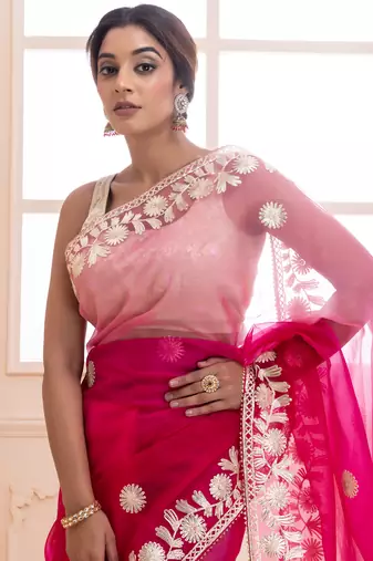   Pink Shaded Handcrafted Gota Patti Organza Saree