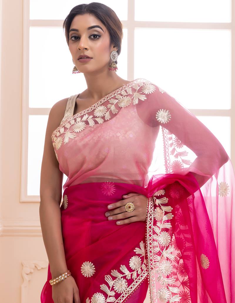 Geroo Jaipur Pink Shaded Handcrafted Gota Patti Organza Saree
