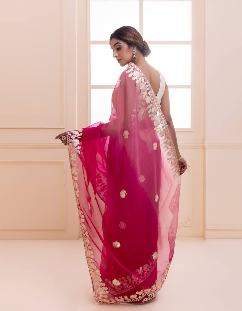 Geroo Jaipur Pink Shaded Handcrafted Gota Patti Organza Saree