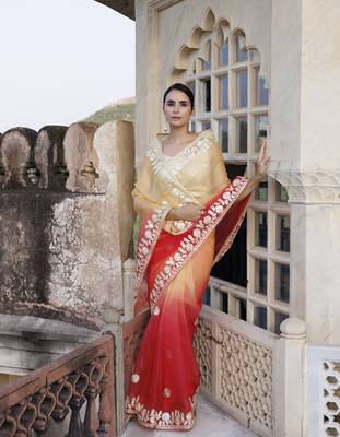   Red Orange Shaded Handcrafted Gota Patti Organza Saree 1