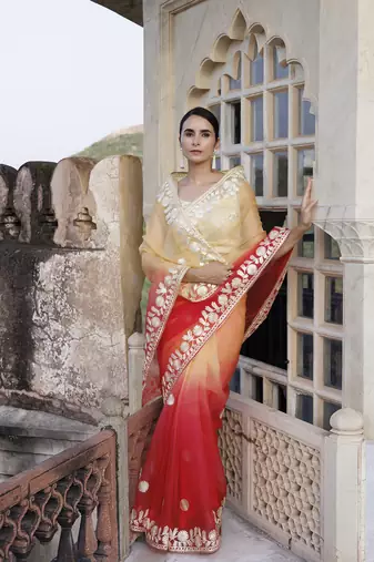 Geroo Jaipur Red Orange Shaded Handcrafted Gota Patti Organza Saree