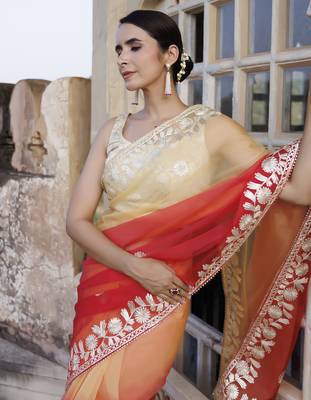   Red Orange Shaded Handcrafted Gota Patti Organza Saree 2