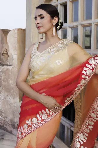   Red Orange Shaded Handcrafted Gota Patti Organza Saree