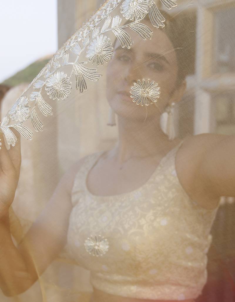 Geroo Jaipur Red Orange Shaded Handcrafted Gota Patti Organza Saree