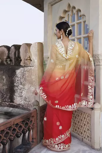   Red Orange Shaded Handcrafted Gota Patti Organza Saree