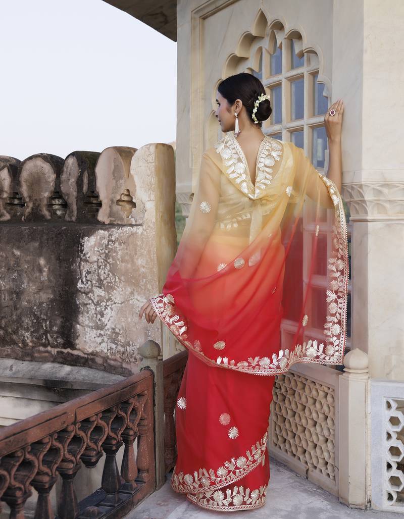 Geroo Jaipur Red Orange Shaded Handcrafted Gota Patti Organza Saree