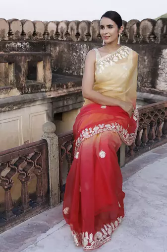   Red Orange Shaded Handcrafted Gota Patti Organza Saree