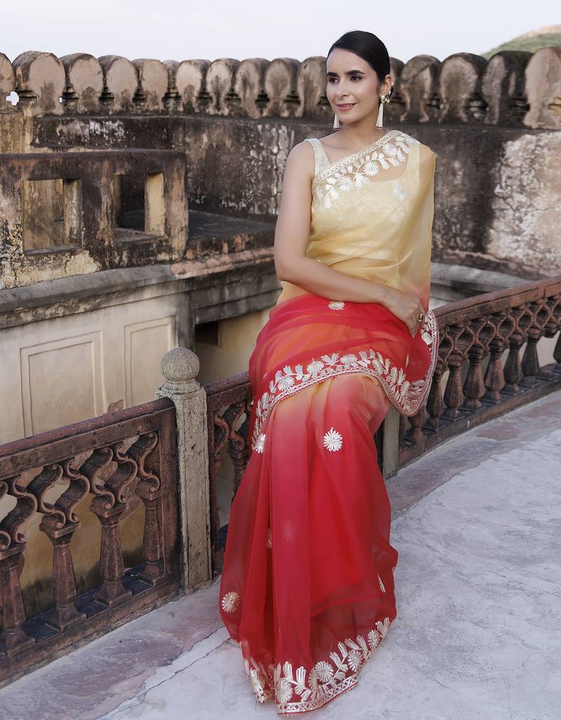Geroo Jaipur Red Orange Shaded Handcrafted Gota Patti Organza Saree