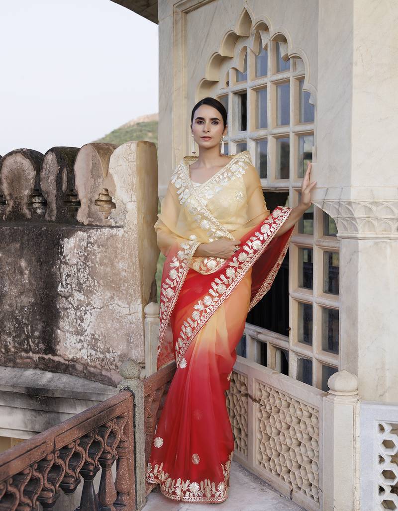 Geroo Jaipur Red Orange Shaded Handcrafted Gota Patti Organza Saree