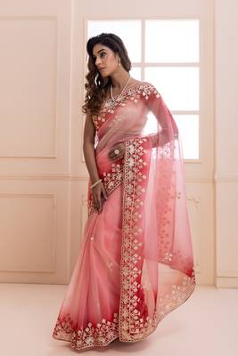   Peach Shaded Handcrafted Gota Patti Organza Saree 1