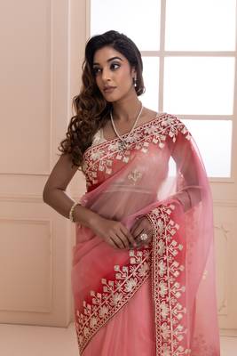   Peach Shaded Handcrafted Gota Patti Organza Saree 2