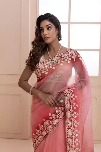   Peach Shaded Handcrafted Gota Patti Organza Saree