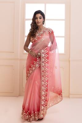   Peach Shaded Handcrafted Gota Patti Organza Saree 4