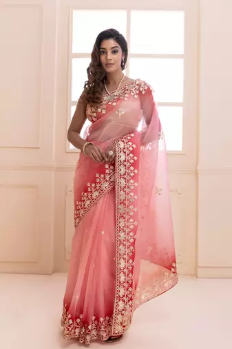   Peach Shaded Handcrafted Gota Patti Organza Saree
