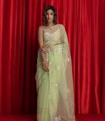 Geroo Jaipur Green Handcrafted Gota Patti Organza Saree