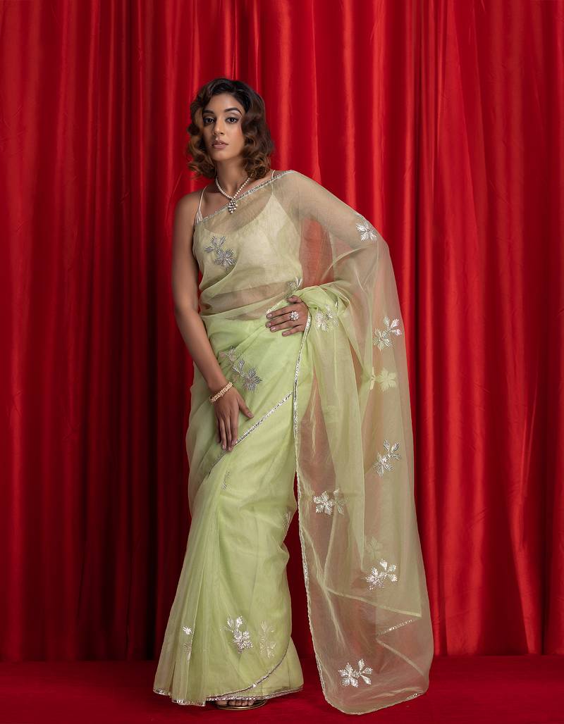 Geroo Jaipur Green Handcrafted Gota Patti Organza Saree