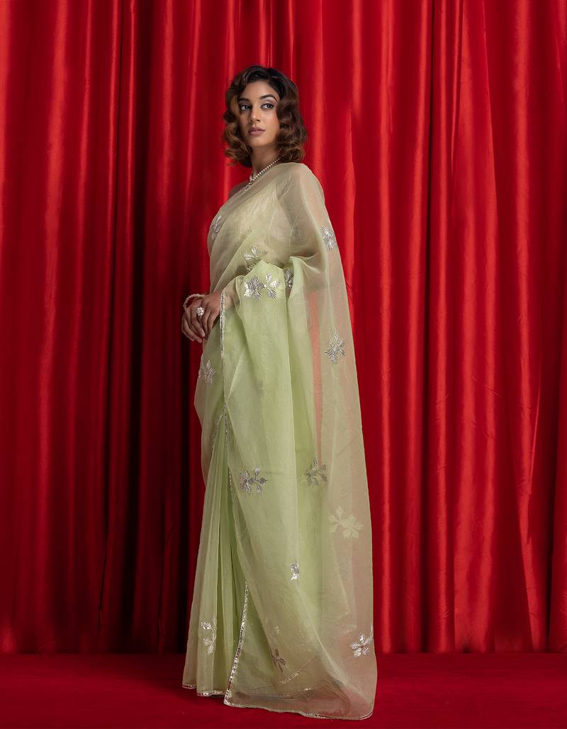 Geroo Jaipur Green Handcrafted Gota Patti Organza Saree